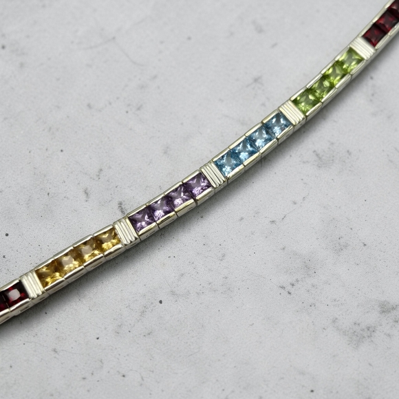 Sterling Silver 925 Multi Gemstone Tennis Bracelet 6.75” Thailand 19.5g - Picture 3 of 9